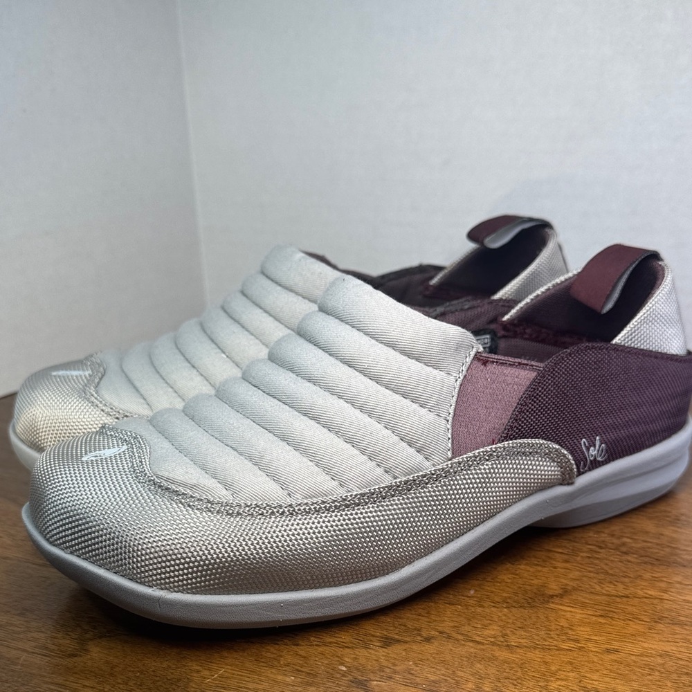Comfort Shoes by Sole Slip-on Nylon Hard Sole Slippers, Gray Burgundy, Womens 7